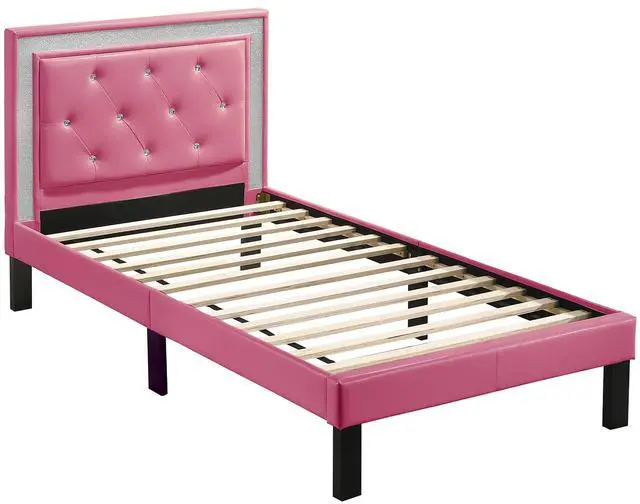Main image of Modern Bedroom Furniture 1Pc Twin Size Bed Pink Faux Leather Pu Wooden Legs Tufted Hb Slats Support