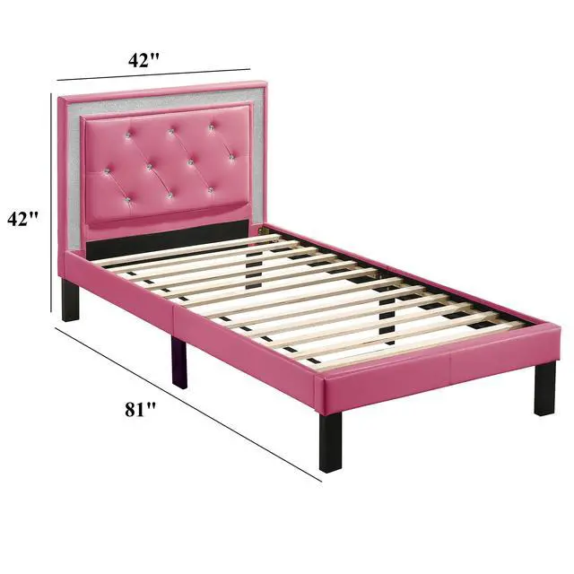 Alt view image 3 of 7 - Modern Bedroom Furniture 1Pc Twin Size Bed Pink Faux Leather Pu Wooden Legs Tufted Hb Slats Support