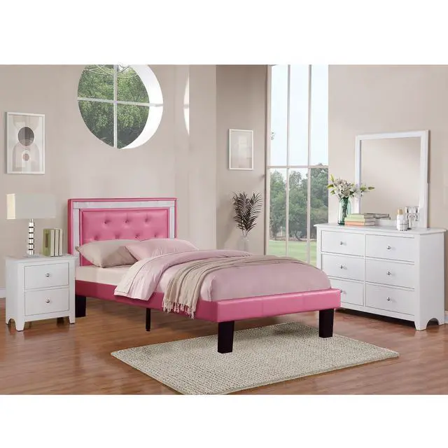 Alt view image 7 of 7 - Modern Bedroom Furniture 1Pc Twin Size Bed Pink Faux Leather Pu Wooden Legs Tufted Hb Slats Support
