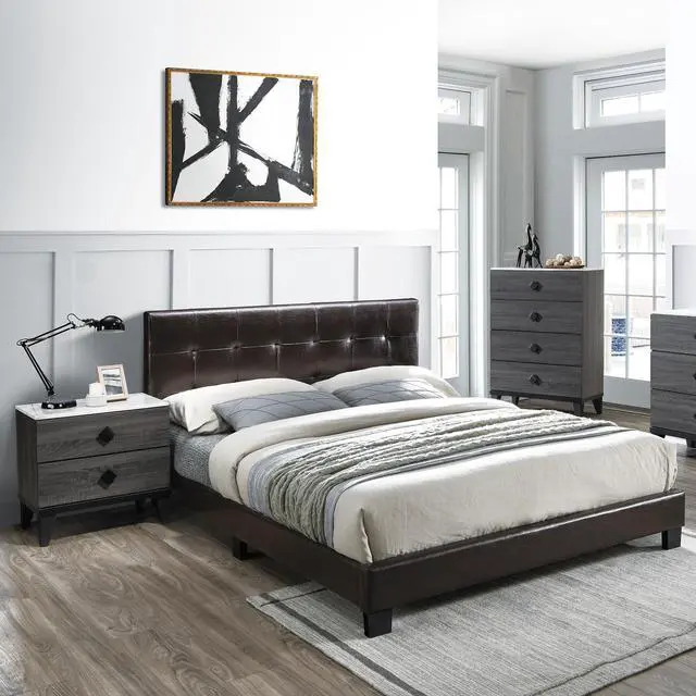 Alt view image 5 of 6 - Contemporary Style 1Pc Full Size Bed Faux Leather Rectangle Headboard Brown Finish Bedroom Furniture