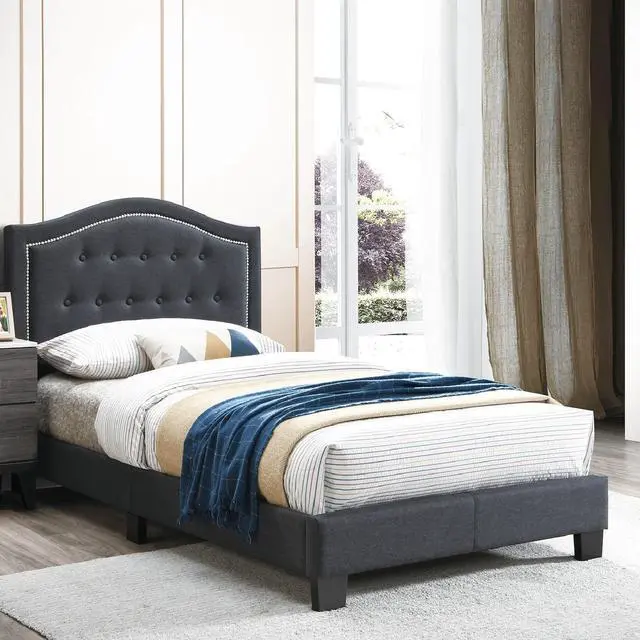 Alt view image 2 of 6 - 1Pc Twin Bed Button Tufted Headboard Middle Support Legs Charcoal Finish Bedroom Furniture