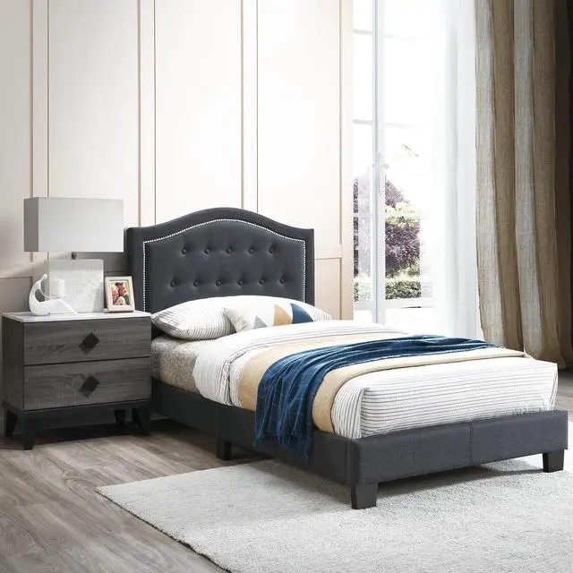 Alt view image 5 of 6 - 1Pc Twin Bed Button Tufted Headboard Middle Support Legs Charcoal Finish Bedroom Furniture