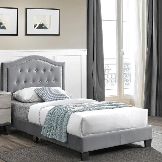 Alt view image 2 of 7 - European Style 1Pc Twin Size Bed Button Tufted Headboard Gray Finish Bedroom Furniture