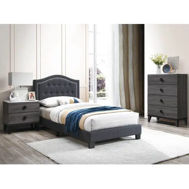 Alt view image 6 of 6 - 1Pc Twin Bed Button Tufted Headboard Middle Support Legs Charcoal Finish Bedroom Furniture