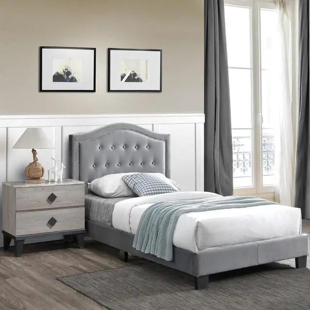 Alt view image 4 of 7 - European Style 1Pc Twin Size Bed Button Tufted Headboard Gray Finish Bedroom Furniture