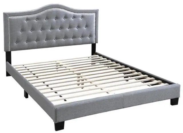 Main image of European Style 1Pc Queen Size Bed Velvet Fabric Button Tufted Headboard Gray Finish Bedroom Furniture