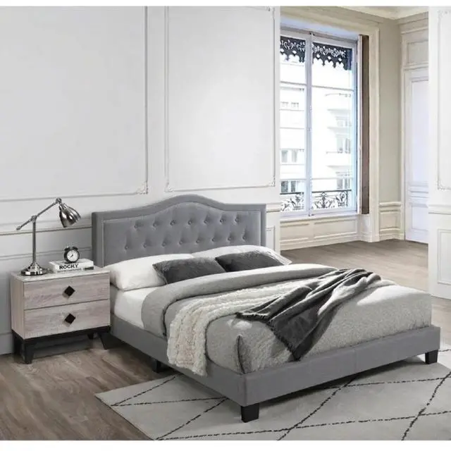 Alt view image 4 of 6 - European Style 1Pc Queen Size Bed Velvet Fabric Button Tufted Headboard Gray Finish Bedroom Furniture
