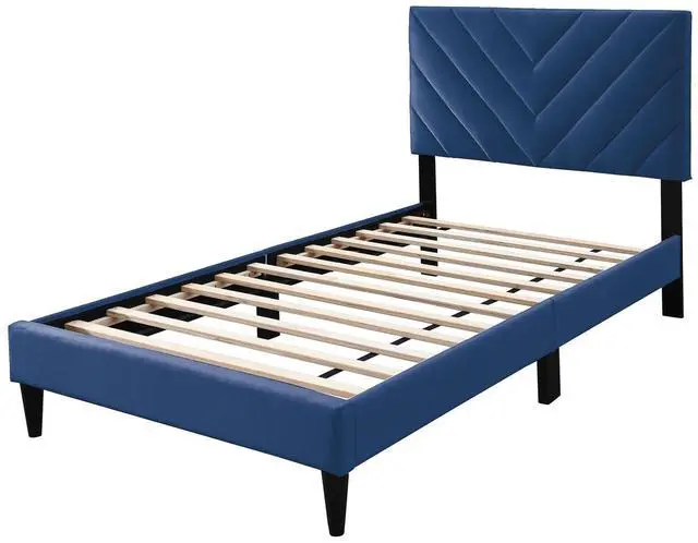 Main image of Contemporary Style Twin Size Bed Adjustable Headboard Middle Support Legs Navy Blue Finish Bedroom Furniture