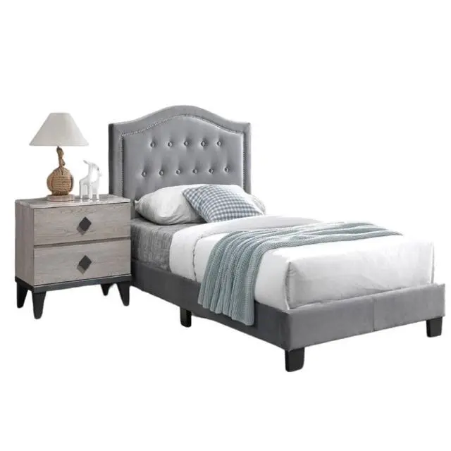 Alt view image 6 of 7 - European Style 1Pc Twin Size Bed Button Tufted Headboard Gray Finish Bedroom Furniture