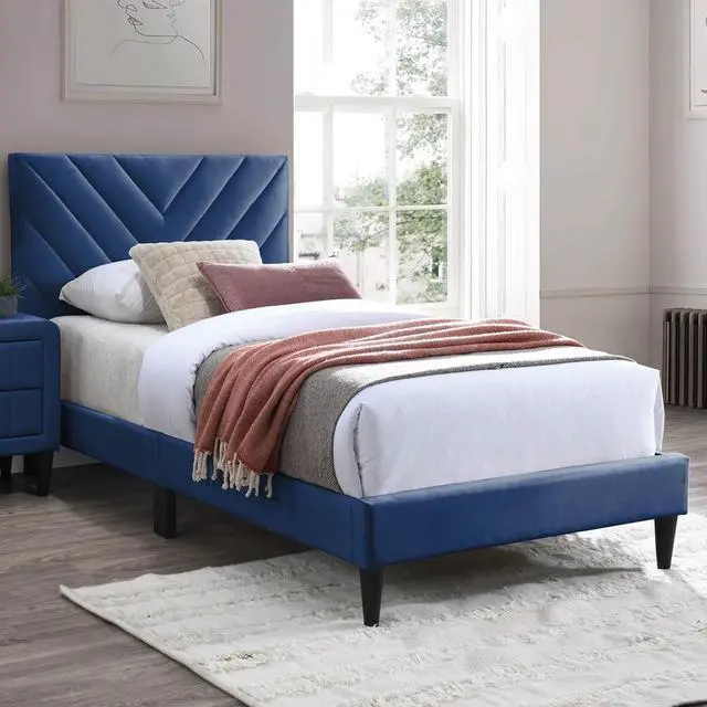 Alt view image 2 of 7 - Contemporary Style Twin Size Bed Adjustable Headboard Middle Support Legs Navy Blue Finish Bedroom Furniture