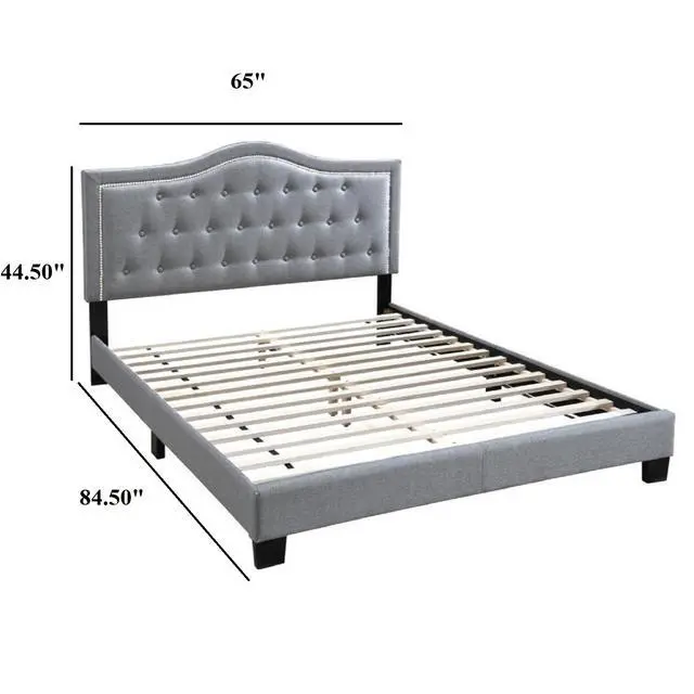 Alt view image 3 of 6 - European Style 1Pc Queen Size Bed Velvet Fabric Button Tufted Headboard Gray Finish Bedroom Furniture