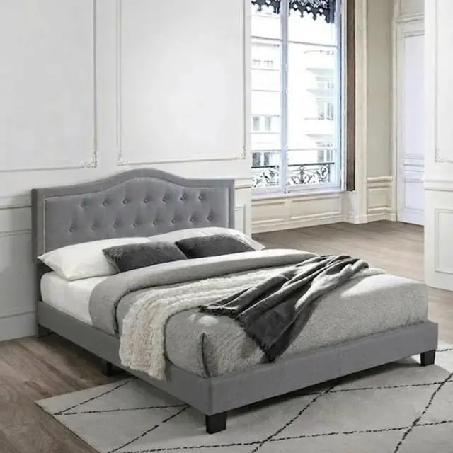 Alt view image 2 of 6 - European Style 1Pc Queen Size Bed Velvet Fabric Button Tufted Headboard Gray Finish Bedroom Furniture