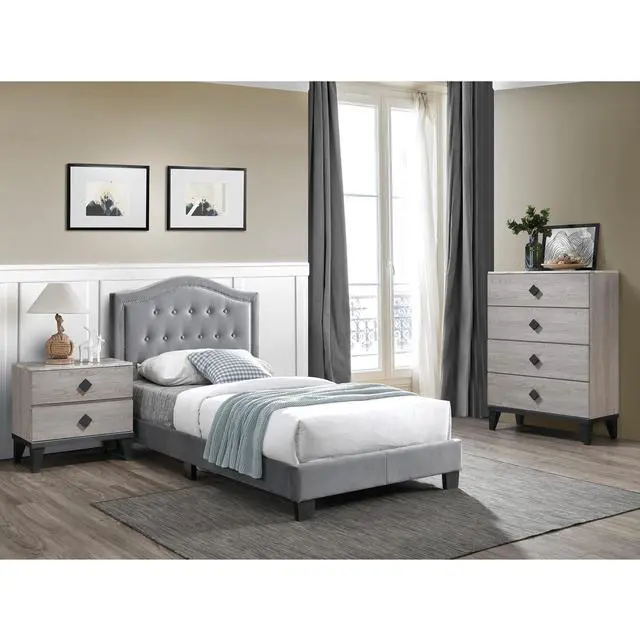 Alt view image 7 of 7 - European Style 1Pc Twin Size Bed Button Tufted Headboard Gray Finish Bedroom Furniture