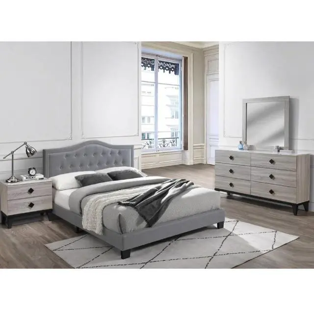 Alt view image 6 of 6 - European Style 1Pc Queen Size Bed Velvet Fabric Button Tufted Headboard Gray Finish Bedroom Furniture