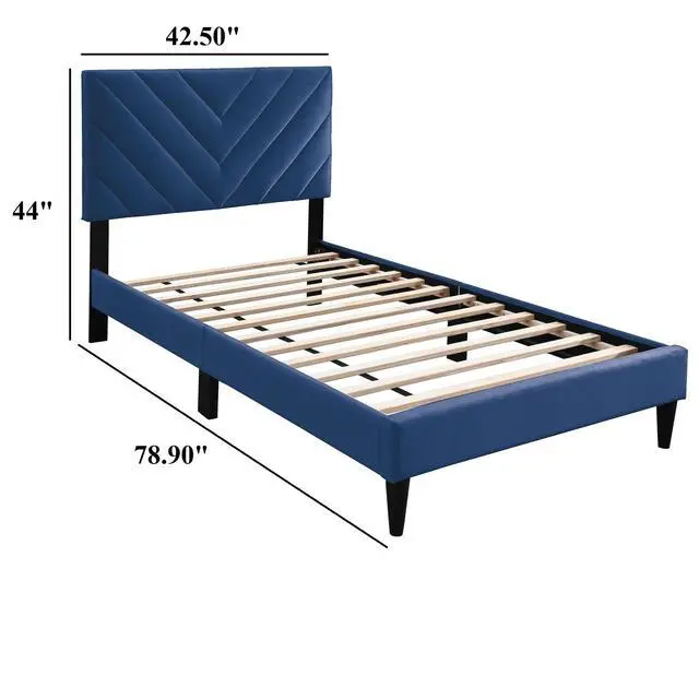 Alt view image 3 of 7 - Contemporary Style Twin Size Bed Adjustable Headboard Middle Support Legs Navy Blue Finish Bedroom Furniture
