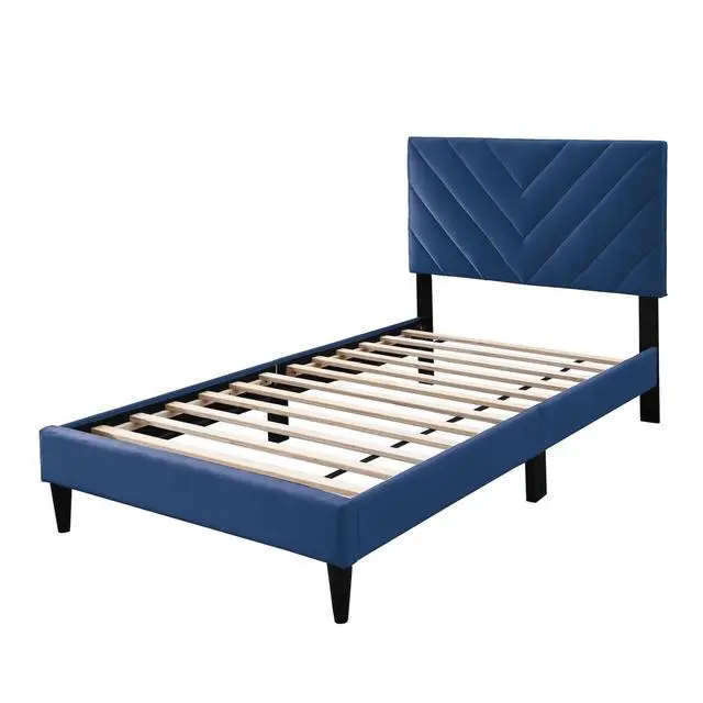 Alt view image 5 of 7 - Contemporary Style Twin Size Bed Adjustable Headboard Middle Support Legs Navy Blue Finish Bedroom Furniture