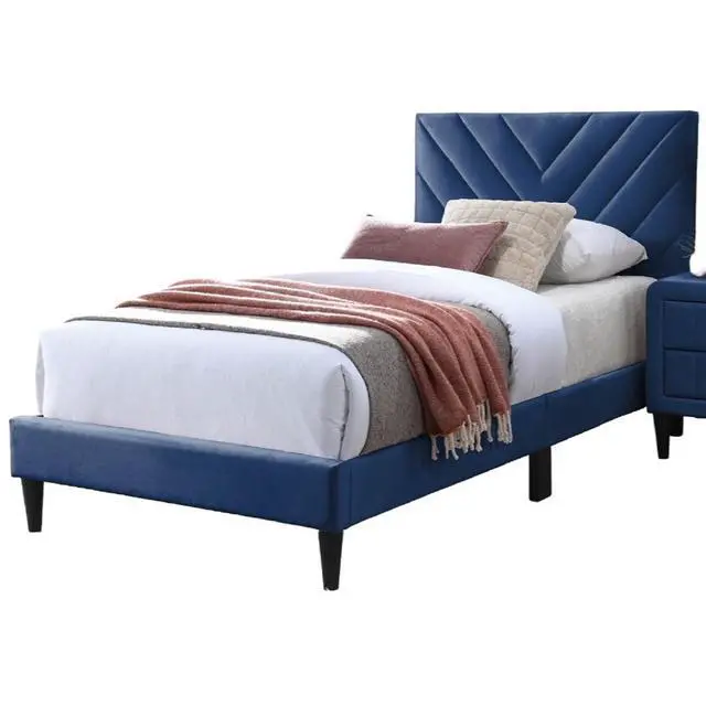 Alt view image 4 of 7 - Contemporary Style Twin Size Bed Adjustable Headboard Middle Support Legs Navy Blue Finish Bedroom Furniture