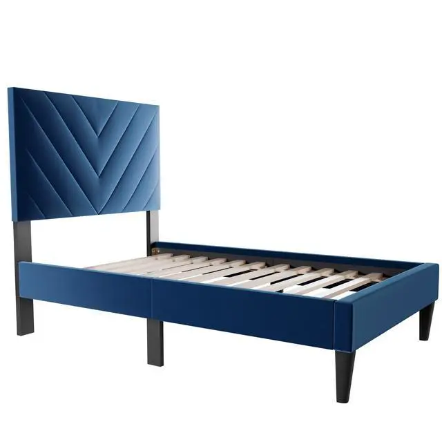 Alt view image 6 of 7 - Contemporary Style Twin Size Bed Adjustable Headboard Middle Support Legs Navy Blue Finish Bedroom Furniture