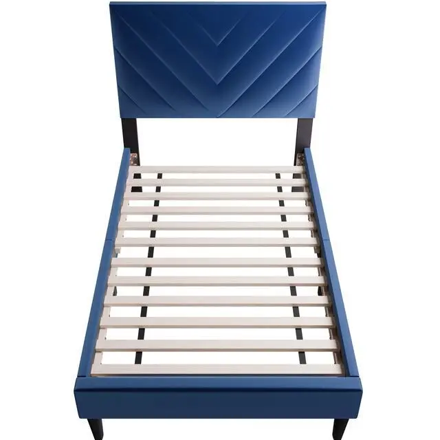 Alt view image 7 of 7 - Contemporary Style Twin Size Bed Adjustable Headboard Middle Support Legs Navy Blue Finish Bedroom Furniture