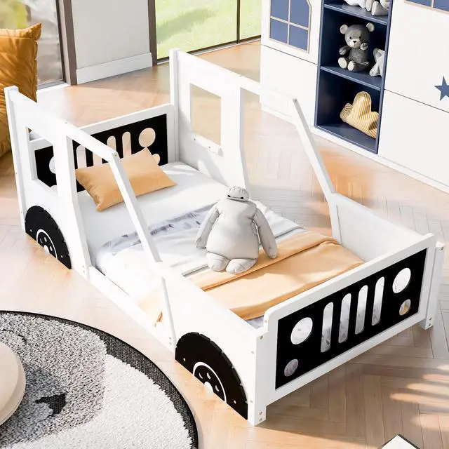 Alt view image 4 of 7 - Twin Size Classic Car-Shaped Platform Bed With Wheels,White