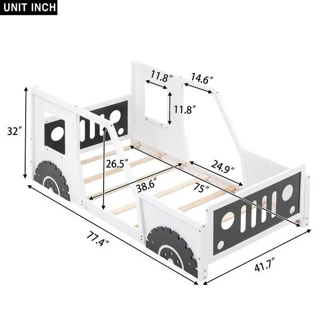 Alt view image 3 of 7 - Twin Size Classic Car-Shaped Platform Bed With Wheels,White