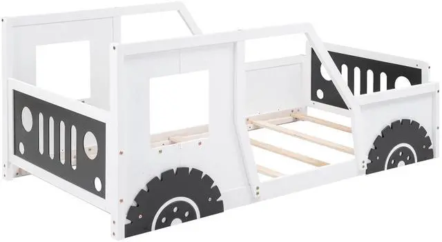 Main image of Twin Size Classic Car-Shaped Platform Bed With Wheels,White