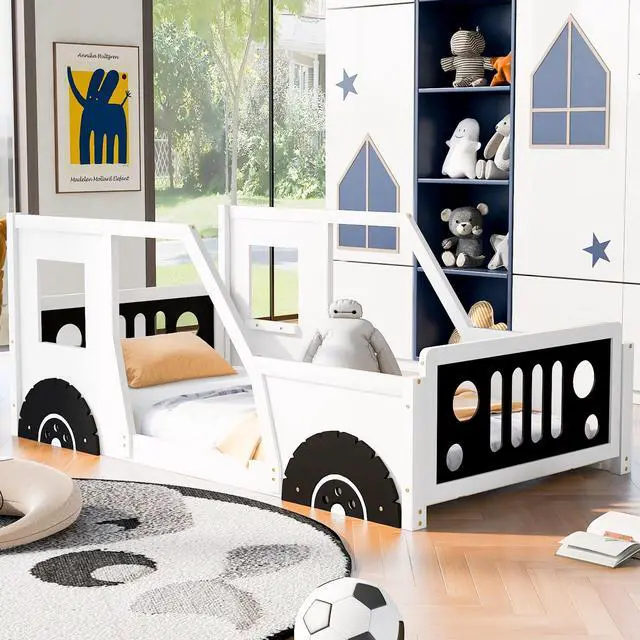 Alt view image 2 of 7 - Twin Size Classic Car-Shaped Platform Bed With Wheels,White