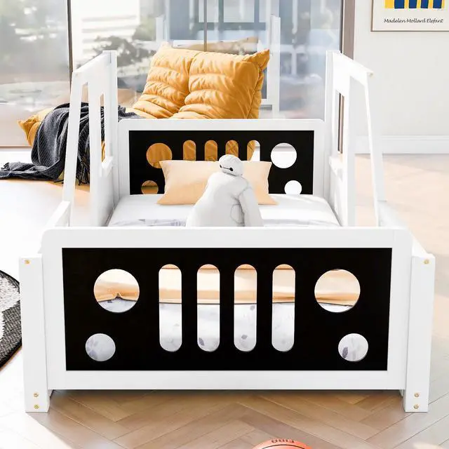 Alt view image 5 of 7 - Twin Size Classic Car-Shaped Platform Bed With Wheels,White