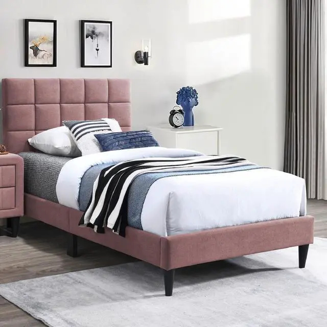 Alt view image 2 of 7 - Pink Finish Luxurious Full Size Bed 1Pc Biscuit Tufted Adjustable Headboard Middle Legs Support Bedroom Furniture