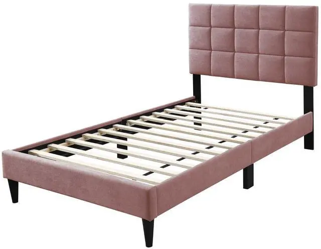 Alt view image 5 of 7 - Pink Finish Luxurious Full Size Bed 1Pc Biscuit Tufted Adjustable Headboard Middle Legs Support Bedroom Furniture