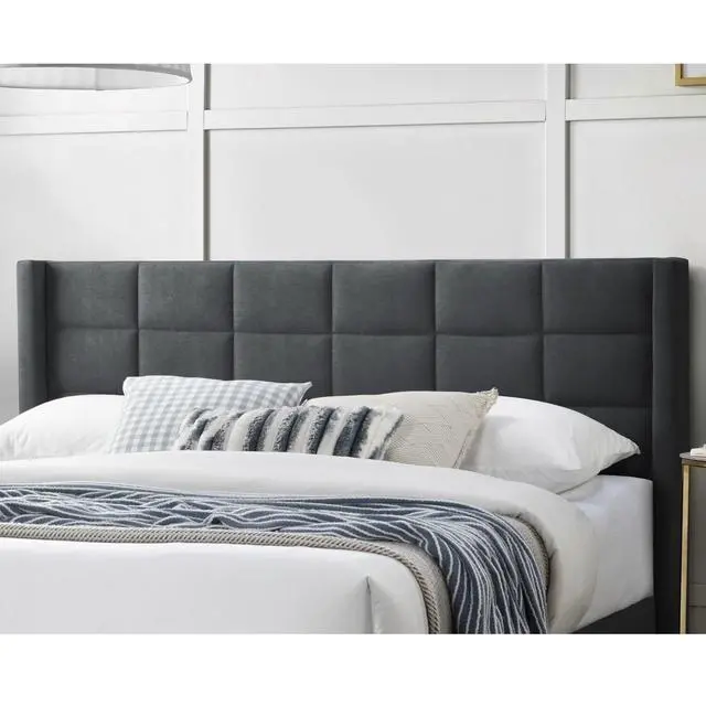Alt view image 4 of 7 - Elegant Modern 1Pc Full Size Bed Upholstered Box Design Headboard Bedframe Charcoal Brushed Linen