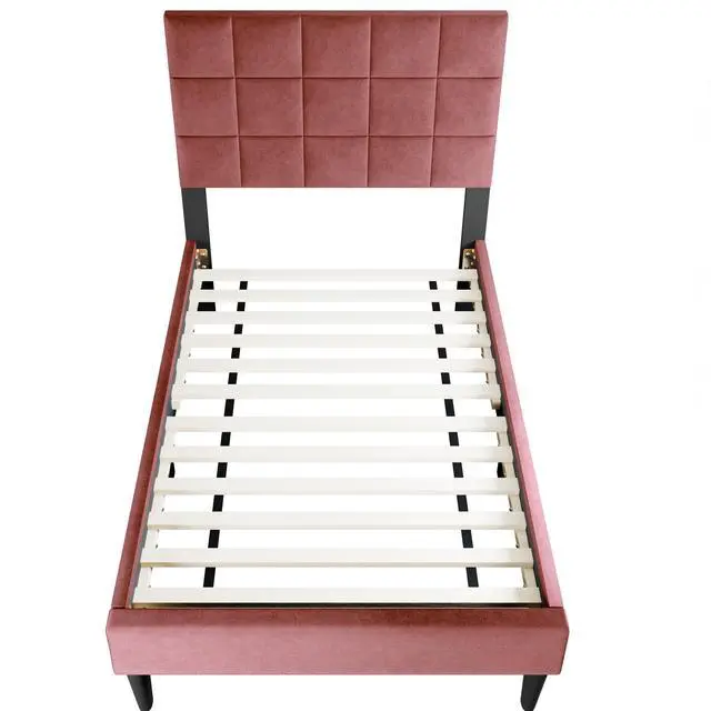 Alt view image 7 of 7 - Pink Finish Luxurious Full Size Bed 1Pc Biscuit Tufted Adjustable Headboard Middle Legs Support Bedroom Furniture