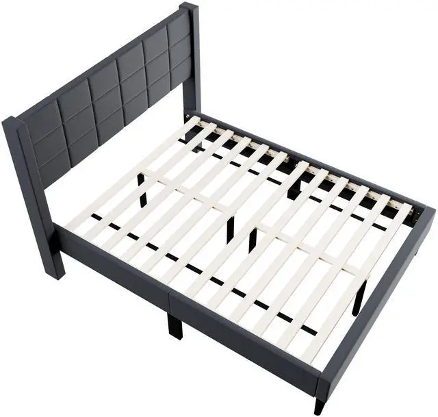 Main image of Elegant Modern 1Pc Full Size Bed Upholstered Box Design Headboard Bedframe Charcoal Brushed Linen