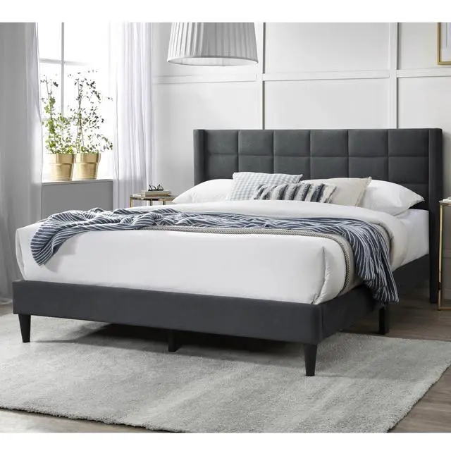 Alt view image 2 of 7 - Elegant Modern 1Pc Full Size Bed Upholstered Box Design Headboard Bedframe Charcoal Brushed Linen