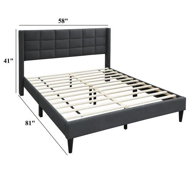 Alt view image 3 of 7 - Elegant Modern 1Pc Full Size Bed Upholstered Box Design Headboard Bedframe Charcoal Brushed Linen