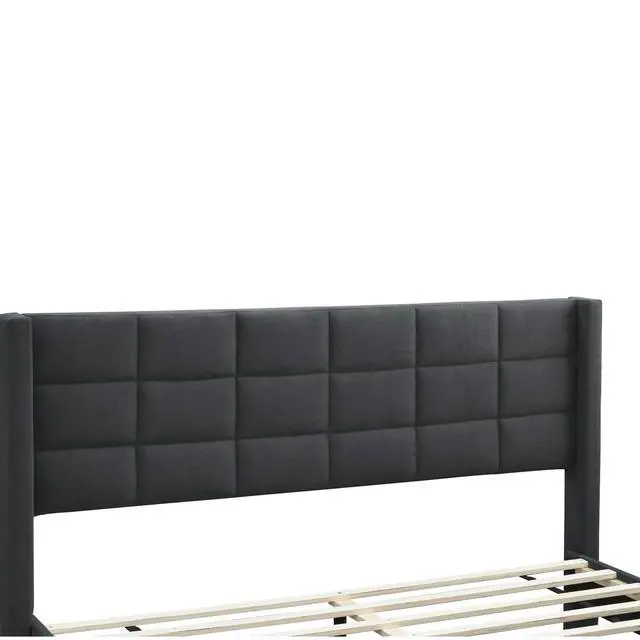Alt view image 5 of 7 - Elegant Modern 1Pc Full Size Bed Upholstered Box Design Headboard Bedframe Charcoal Brushed Linen