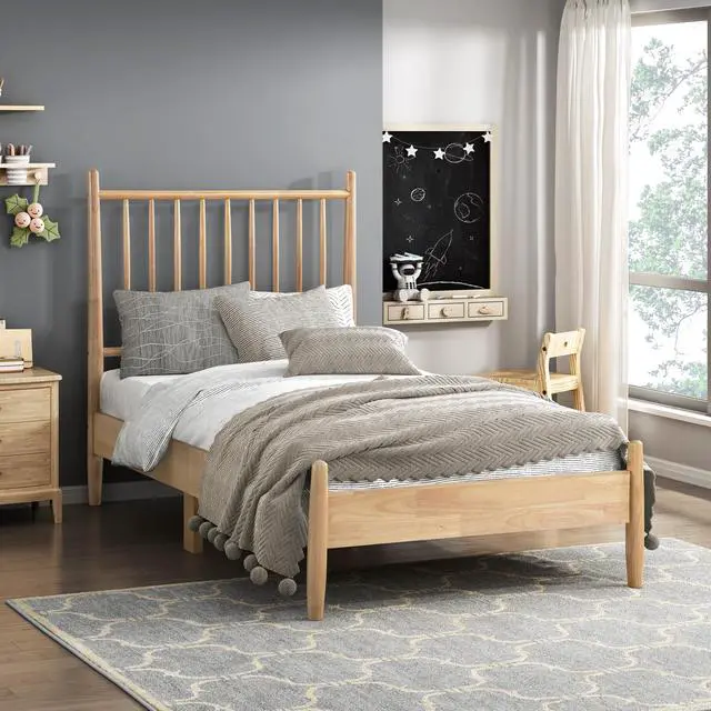 Main image of Mid-Century Modern Design Twin Platform Bed 1Pc Natural Finish Wooden Bedroom Furniture Vertical Slats Headboard, Bed In A Box