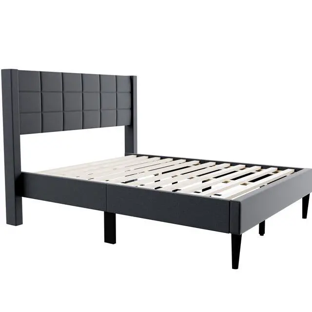 Alt view image 6 of 7 - Elegant Modern 1Pc Full Size Bed Upholstered Box Design Headboard Bedframe Charcoal Brushed Linen