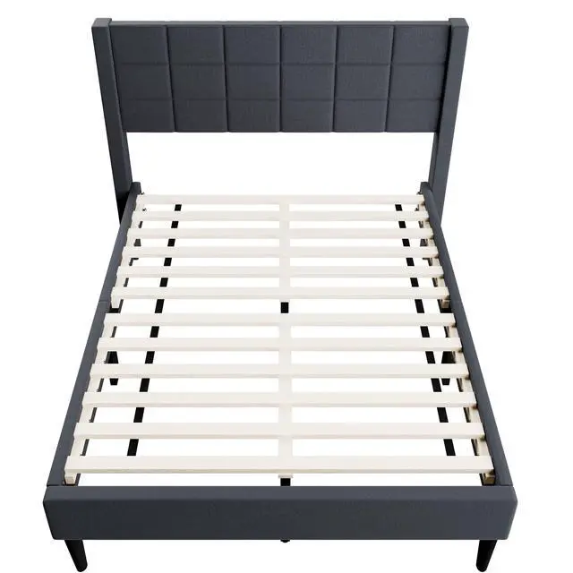 Alt view image 7 of 7 - Elegant Modern 1Pc Full Size Bed Upholstered Box Design Headboard Bedframe Charcoal Brushed Linen
