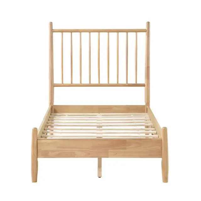 Alt view image 5 of 7 - Mid-Century Modern Design Twin Platform Bed 1Pc Natural Finish Wooden Bedroom Furniture Vertical Slats Headboard, Bed In A Box