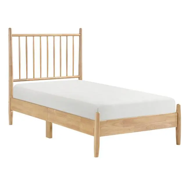 Alt view image 3 of 7 - Mid-Century Modern Design Twin Platform Bed 1Pc Natural Finish Wooden Bedroom Furniture Vertical Slats Headboard, Bed In A Box
