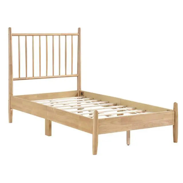 Alt view image 6 of 7 - Mid-Century Modern Design Twin Platform Bed 1Pc Natural Finish Wooden Bedroom Furniture Vertical Slats Headboard, Bed In A Box