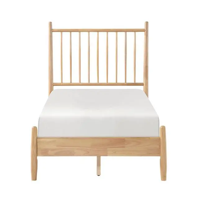Alt view image 2 of 7 - Mid-Century Modern Design Twin Platform Bed 1Pc Natural Finish Wooden Bedroom Furniture Vertical Slats Headboard, Bed In A Box