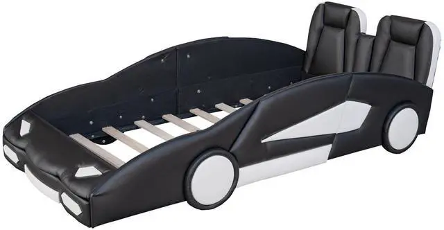 Main image of Twin Size Race Car-Shaped Platform Bed With Wheels, Black