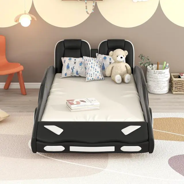 Alt view image 2 of 7 - Twin Size Race Car-Shaped Platform Bed With Wheels, Black