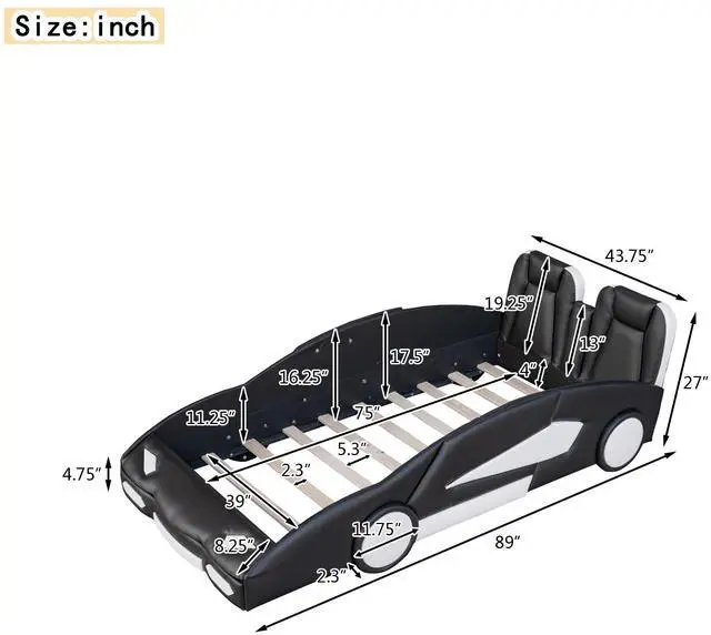 Alt view image 3 of 7 - Twin Size Race Car-Shaped Platform Bed With Wheels, Black