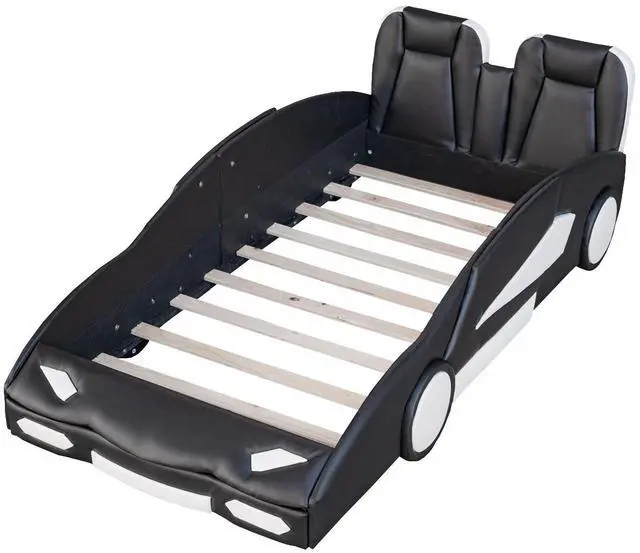 Alt view image 7 of 7 - Twin Size Race Car-Shaped Platform Bed With Wheels, Black