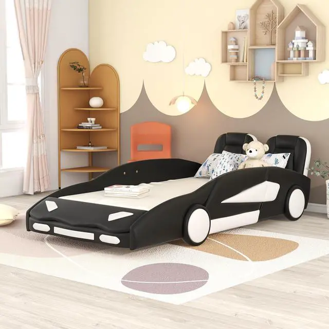 Alt view image 5 of 7 - Twin Size Race Car-Shaped Platform Bed With Wheels, Black