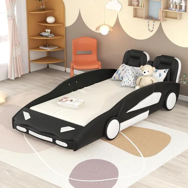 Alt view image 4 of 7 - Twin Size Race Car-Shaped Platform Bed With Wheels, Black