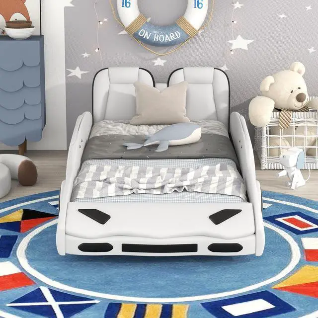 Alt view image 2 of 7 - Twin Size Race Car-Shaped Platform Bed With Wheels, White